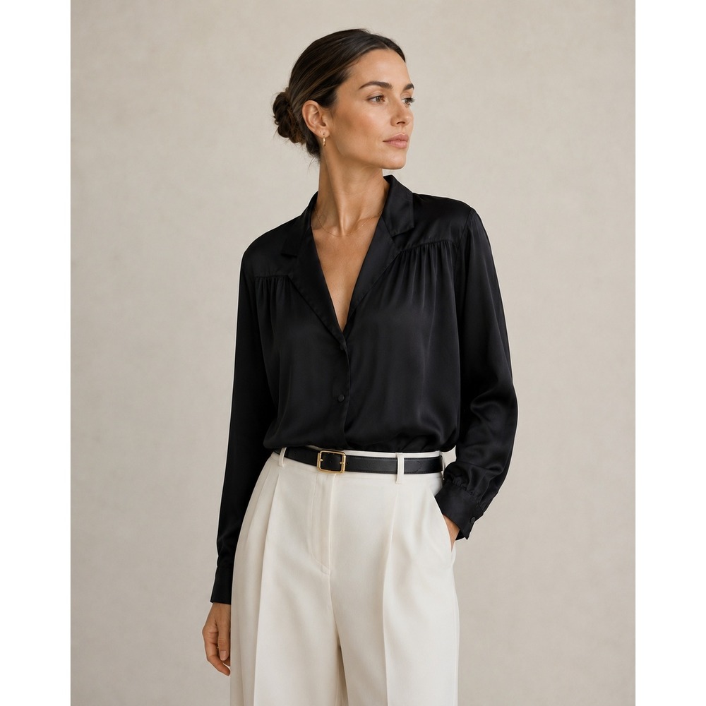 Vintage Edward Newmark Blouse Womens 10 Black 100% Silk Shoulder Pads Office